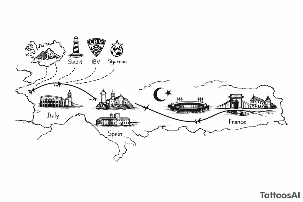 A football journey no crests
A fine-line world map or stylized route connecting Iceland ➔ Italy ➔ Spain ➔ Turkey ➔ Hungary ➔ France, with minimalist markers for each club.
Iceland x3 (sindri, ibv, stjarnan)
Italy x2 (Verona, Sassuolo)
Spain (Logrono)
Turkey x2 (Fenerbahce, Besiktas)
Hungary (Fradi)
France (Bordeaux) tattoo idea