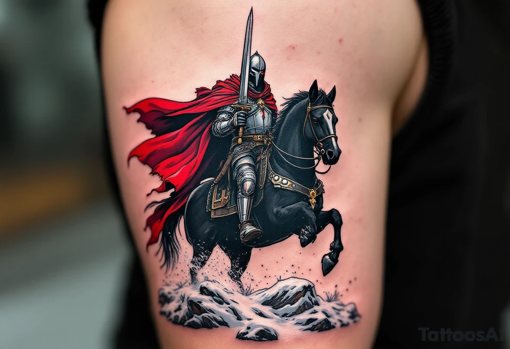 Rusichi Warrior – A stern-faced Slavic knight in chainmail, with blood-red cloak and silver sword raised, riding a black stallion across snow-covered terrain. tattoo idea