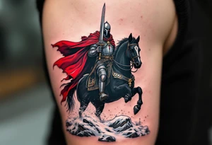 Rusichi Warrior – A stern-faced Slavic knight in chainmail, with blood-red cloak and silver sword raised, riding a black stallion across snow-covered terrain. tattoo idea