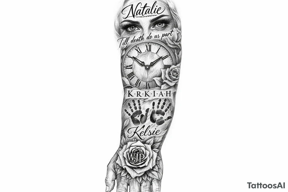 I'd like a full arm length tattoo with three names, Natalie, K-R-K-I-A-H, and Kelsey, K-E-L-S-I-E. I want a clock face, and my roses spread through the tattoo. I want the words, Till death do us part, written in there. I want Aboriginal handprints. I want a set of eyes. And on my hand, back of my hand, I want a rose with the letters WJP in it. tattoo idea