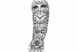 I'd like a full arm length tattoo with three names, Natalie, K-R-K-I-A-H, and Kelsey, K-E-L-S-I-E. I want a clock face, and my roses spread through the tattoo. I want the words, Till death do us part, written in there. I want Aboriginal handprints. I want a set of eyes. And on my hand, back of my hand, I want a rose with the letters WJP in it. tattoo idea