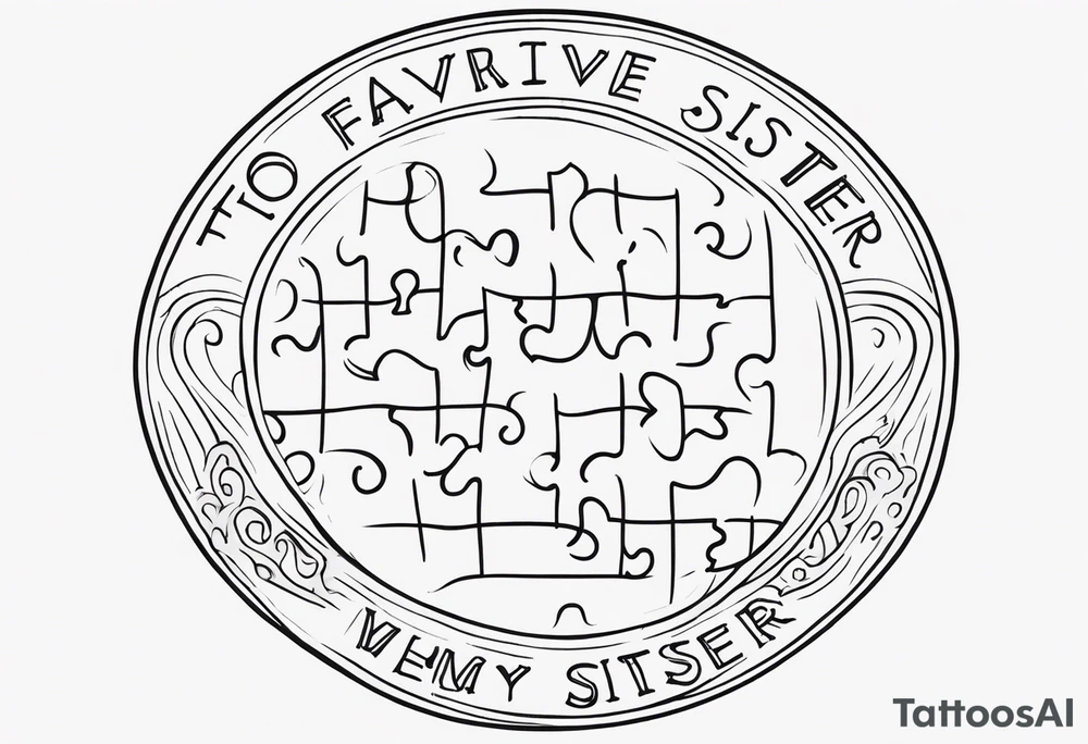simple, thin line tattoo with the words "to my favorite sister" in a circle around a puzzle piece tattoo idea