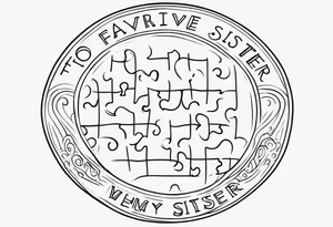 simple, thin line tattoo with the words "to my favorite sister" in a circle around a puzzle piece tattoo idea