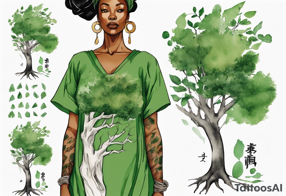 a black woman wearing a green tunic with the lower-half of a tree, her arms raised towards the sun, with tree roots for legs tattoo idea