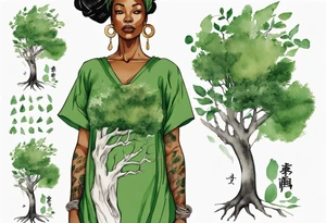 a black woman wearing a green tunic with the lower-half of a tree, her arms raised towards the sun, with tree roots for legs tattoo idea