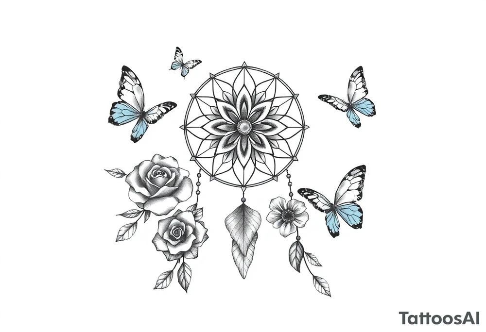 Dreamcatcher roses and butterflies tattoo idea