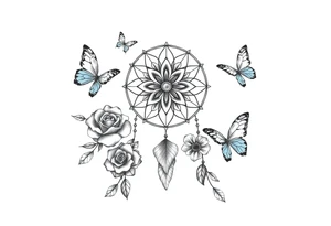 Dreamcatcher roses and butterflies tattoo idea
