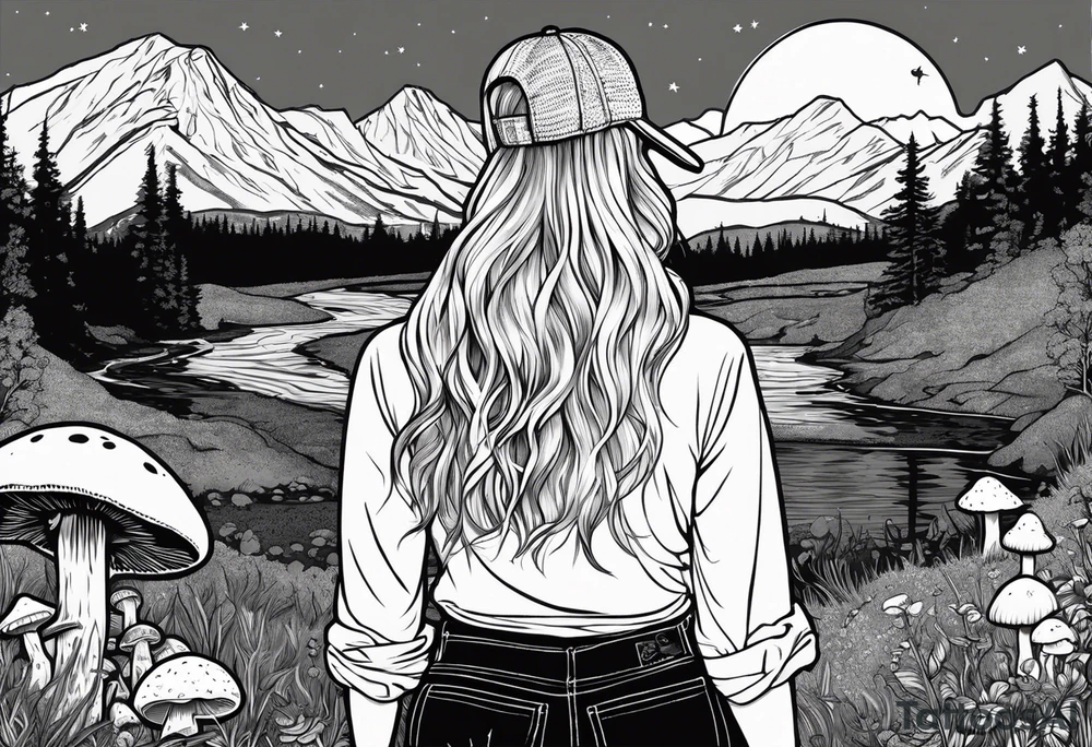 Whole picture encircled fully

Straight long blonde hair hippie girl in distance holding mushrooms in hand facing away toward mountains and creek surrounded by mushrooms long sleeve shirt and hiking pants; whole rendering within a full circle, no cut off circle tattoo idea