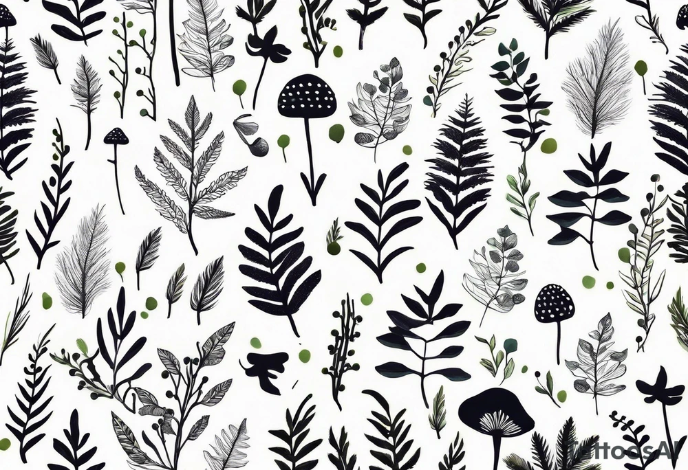 forest floor inspired minimalist tattoo, which includes grass, curly ferns, moss and dead leaves as the bulk of the tattoo. details to include: forest berries, a tiny bumblebee flying nearby, three small brown mushrooms
Generate a vertically long one tattoo idea