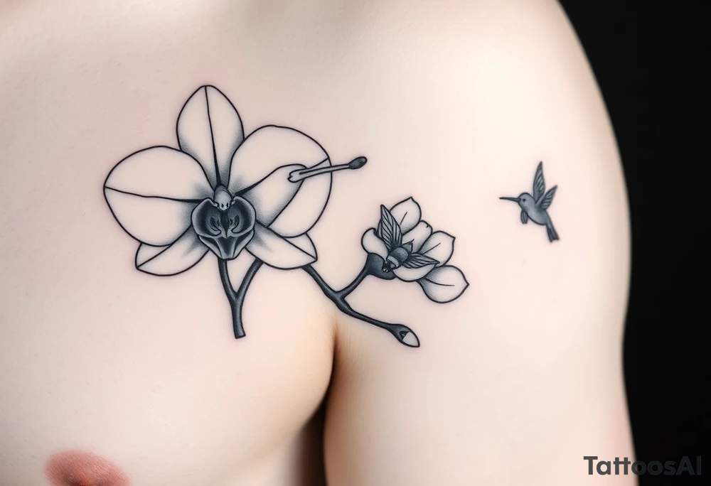 A delicate, black and white fine-line tattoo for male, featuring gracefully detailed 2 orchids in full bloom including their stems, with soft, intricate petals and elegant curves. Beside it, a hummingbird hovers mid-flight, its wings drawn with subtle motion lines, its slender beak reaching toward the orchid’s center to drink its nectar. on the other flower there is a bee that is resting tattoo idea
