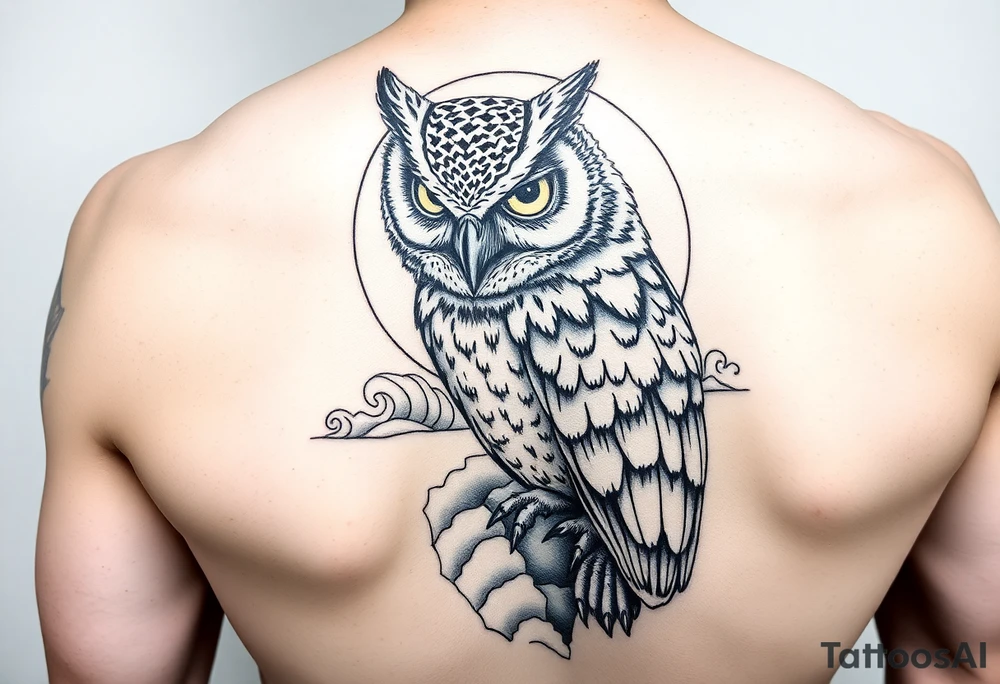 Masked owl overlooking a trench with waves in the background for the lateral part of the shoudler tattoo idea