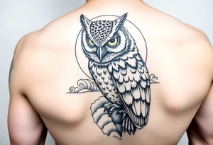 Masked owl overlooking a trench with waves in the background for the lateral part of the shoudler tattoo idea