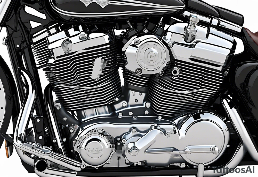 Create a tattoo for a man's chest featuring two cylinder heads (motorcycle engine like a Harley Davidson). The cylinder heads should be partially in cross-section to reveal the pistons, piston rods, valves, and cams. Additionally, part of the engine with the crankshaft should also be in cross-section. You might add a spark or flames to one cylinder (simulating the explosion phase) and perhaps the exhaust phase to the other. Try to prepare the background for potential extension of the tattoo. just engine alone and look from the side tattoo idea