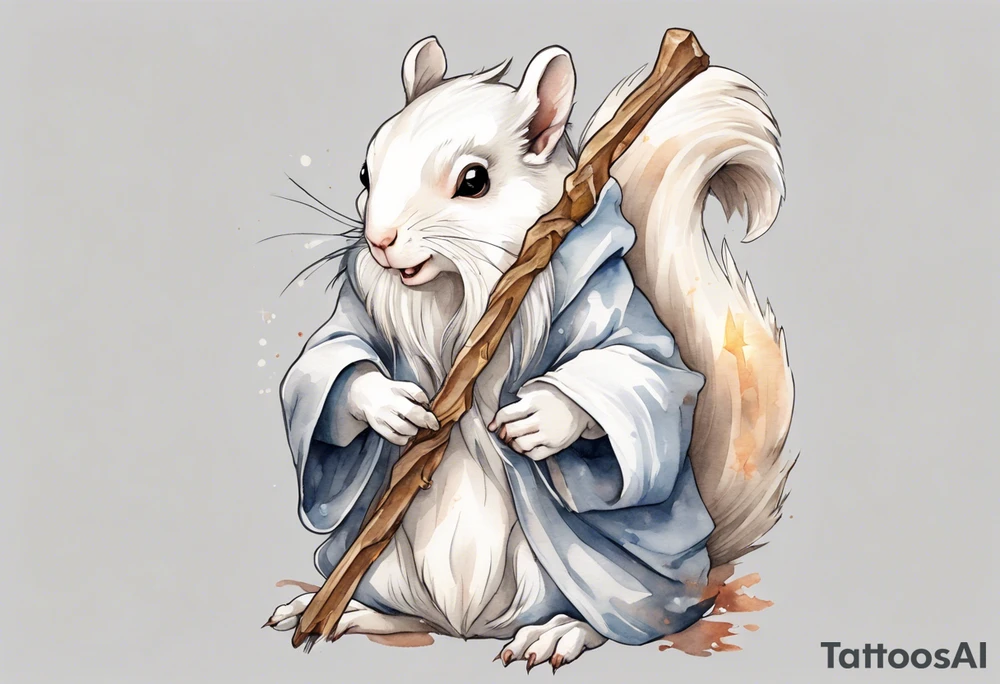 a white squirrel with long hair and a grey robe, holding a wizard's staff tattoo idea