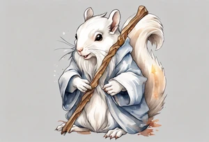 a white squirrel with long hair and a grey robe, holding a wizard's staff tattoo idea