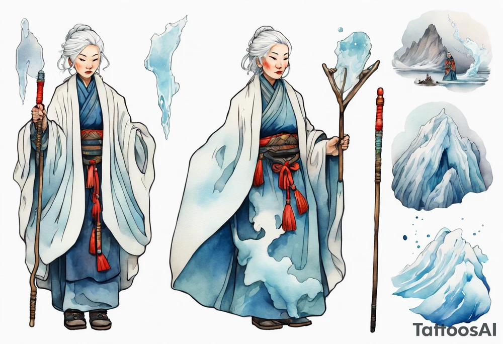 a 40 year old Sami woman with white hair and a white robe holding a white staff, standing on an iceberg tattoo idea