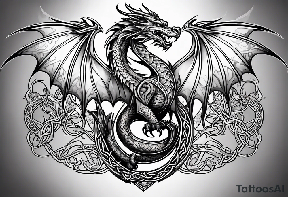 Celtic dragon tattoo with head on chest and tail that wraps over trapezius onto back tattoo idea