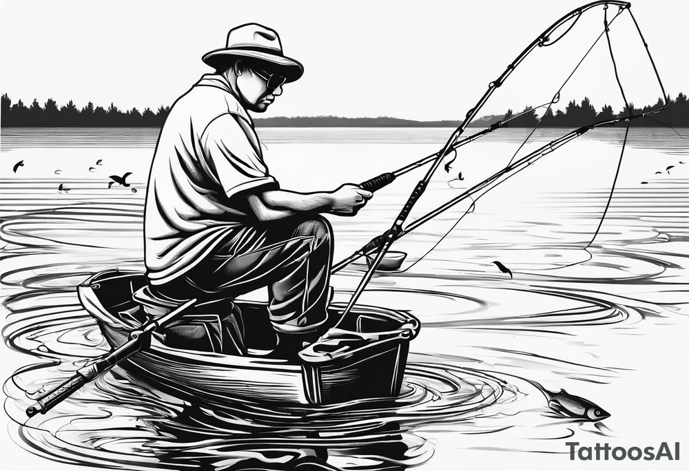 a man fishing with a fishing rod. simple outline tattoo idea