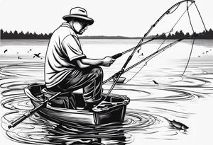 a man fishing with a fishing rod. simple outline tattoo idea