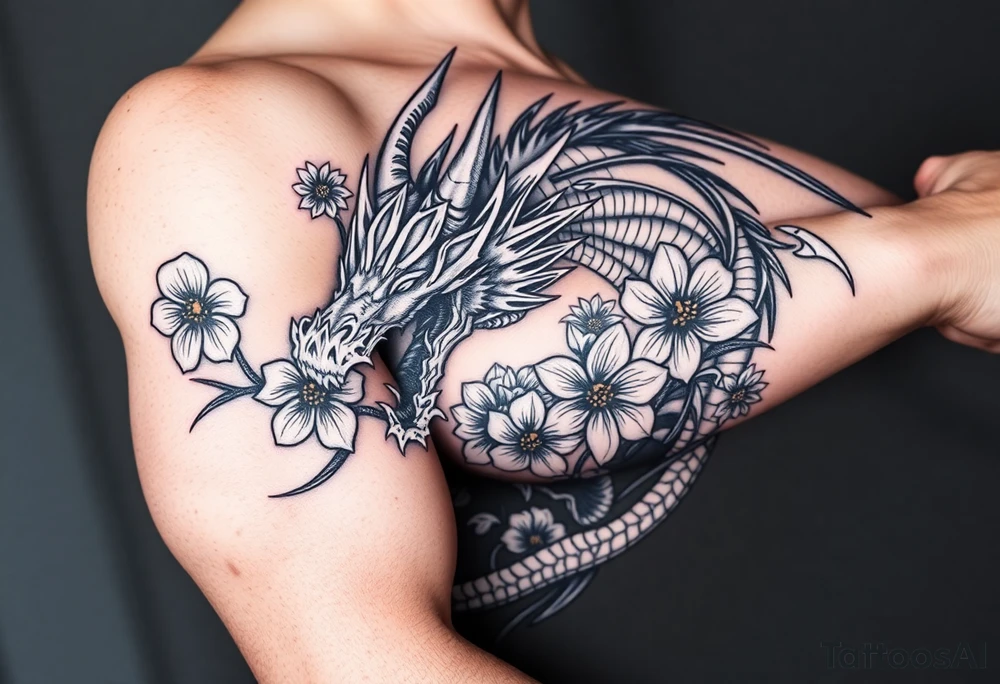 scary dragon with death flowers tattoo idea