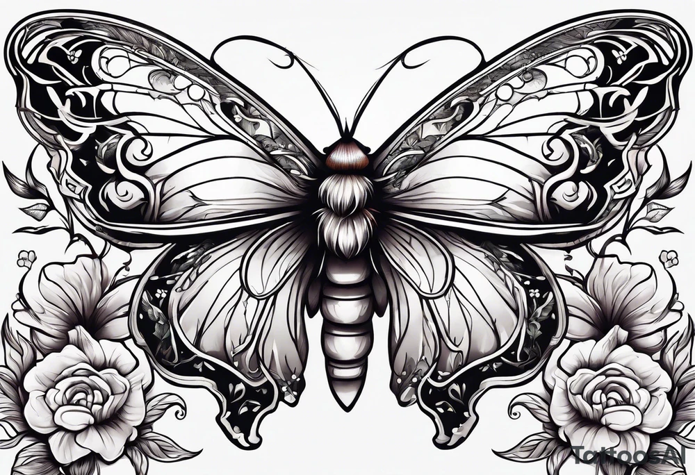Moth flying around and winding vines tattoo idea