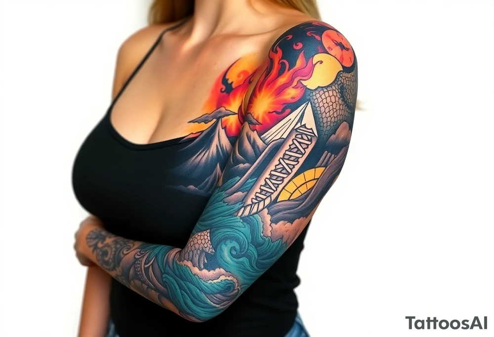 turtle sleeve with mountains, fire, water, air tattoo idea