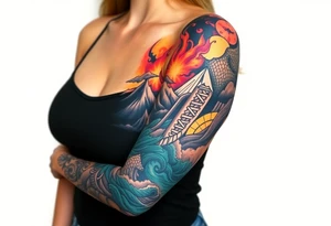 turtle sleeve with mountains, fire, water, air tattoo idea