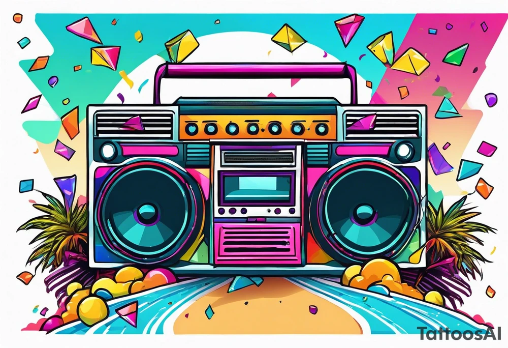 1980's style dance party with boom box and confetti in a beach theme. do not include cars tattoo idea