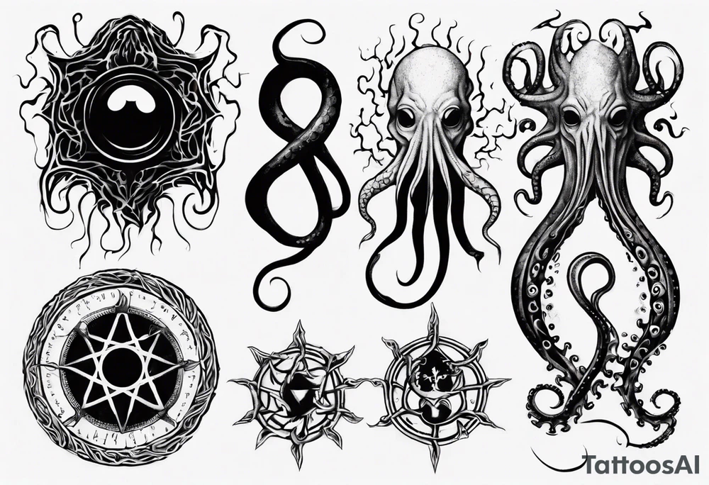 lovecraft long tattoo to put on the forearm, with eye and tentacle tattoo idea