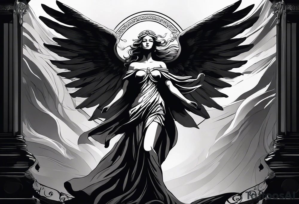 "Imagine the goddess Justitia, depicted in a striking black and white tattoo style. She stands tall, her body fully draped in flowing linens that cascade elegantly. Her blonde hair completely covers her face, adding an air of mystery. Justitia has two large wings: one is angelic and pristine white, stretched out majestically, while the other is bent, dark, and tattered, symbolizing the duality of justice. In her hands, she holds a balanced scale, emphasizing her role as the arbiter of fairness. A flowing banderole wraps around her body, inscribed with the expression 'MEMENTO VIVERE'. The overall composition is intricate and evocative, capturing the essence of justice with detailed line work and shading that enhances the tattoo style. The contrast between light and dark elements is highlighted, with her body abstract and blending seamlessly into the background. The background features subtle, swirling patterns that add depth and complexity to the design." tattoo idea
