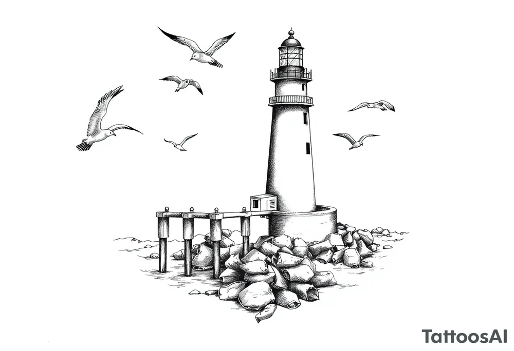 Lighthouse in the sea with jetty around flying seagulls tattoo idea