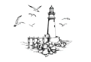 Lighthouse in the sea with jetty around flying seagulls tattoo idea