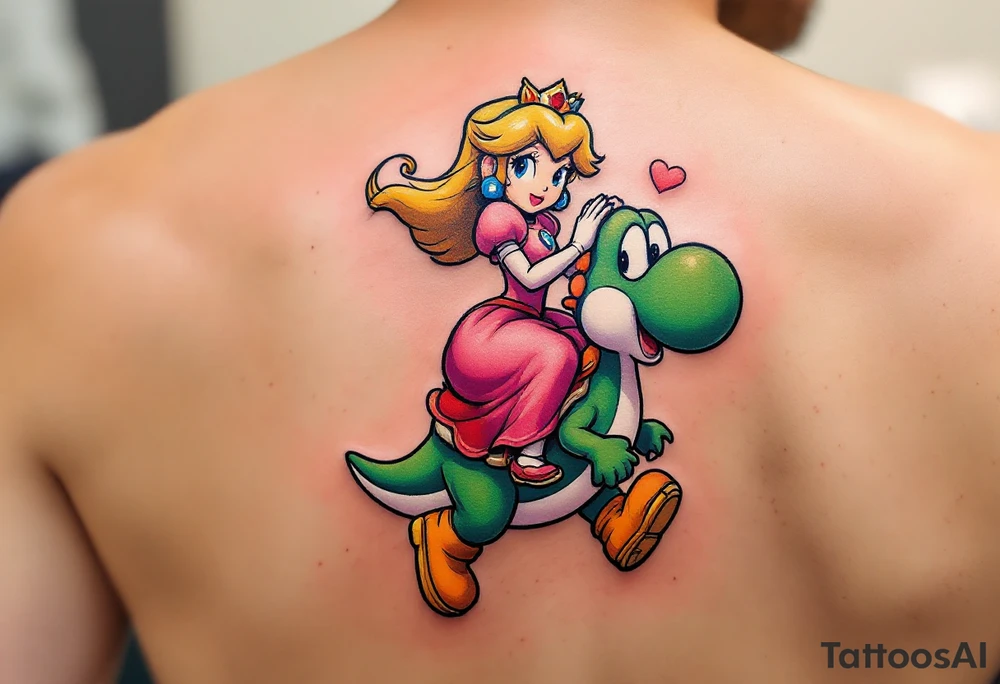Princess Peach riding Yoshi from Mario Bros with vibrant colors. Make it more like the super Mario bros movie. Her dress should be poofier and covering her legs while he has red saddle with white trim. He should be walking upright tattoo idea