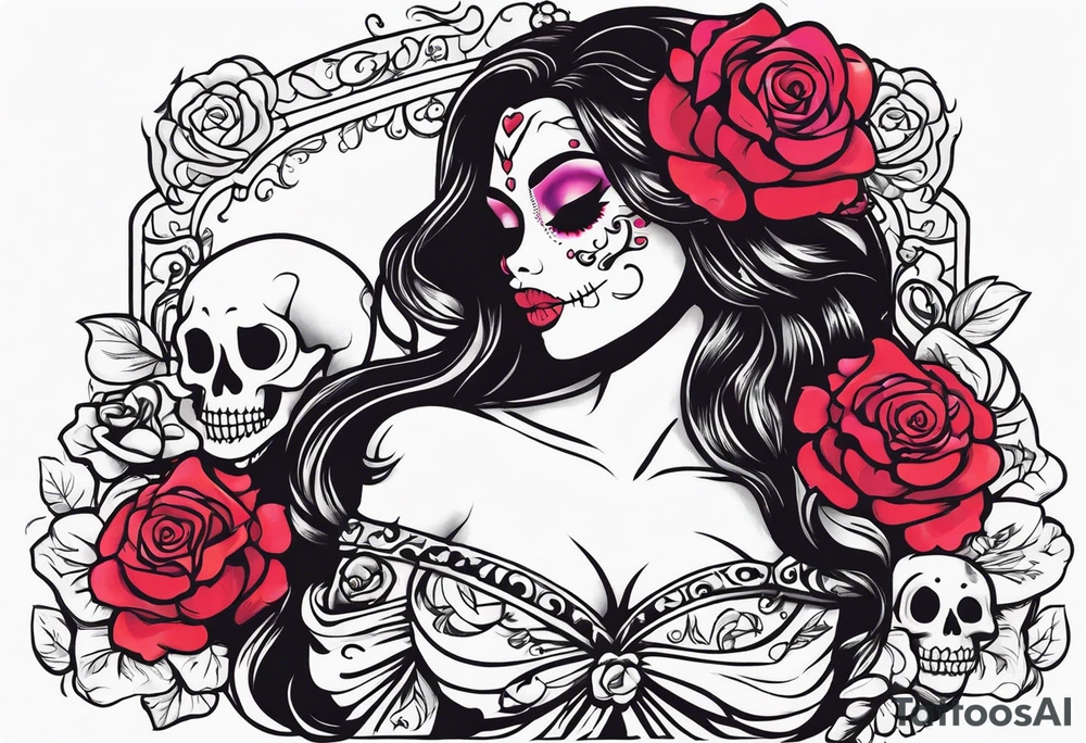 chest tattoo, from shoulder to shoulder, covering lover part of the neck. contains skulls, roses and muertos style girls tattoo idea