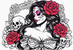 chest tattoo, from shoulder to shoulder, covering lover part of the neck. contains skulls, roses and muertos style girls tattoo idea