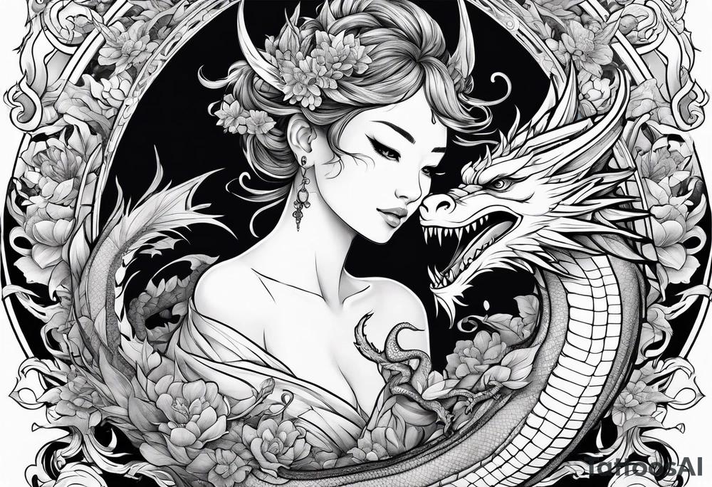 fairy and a dragon in the background tattoo idea