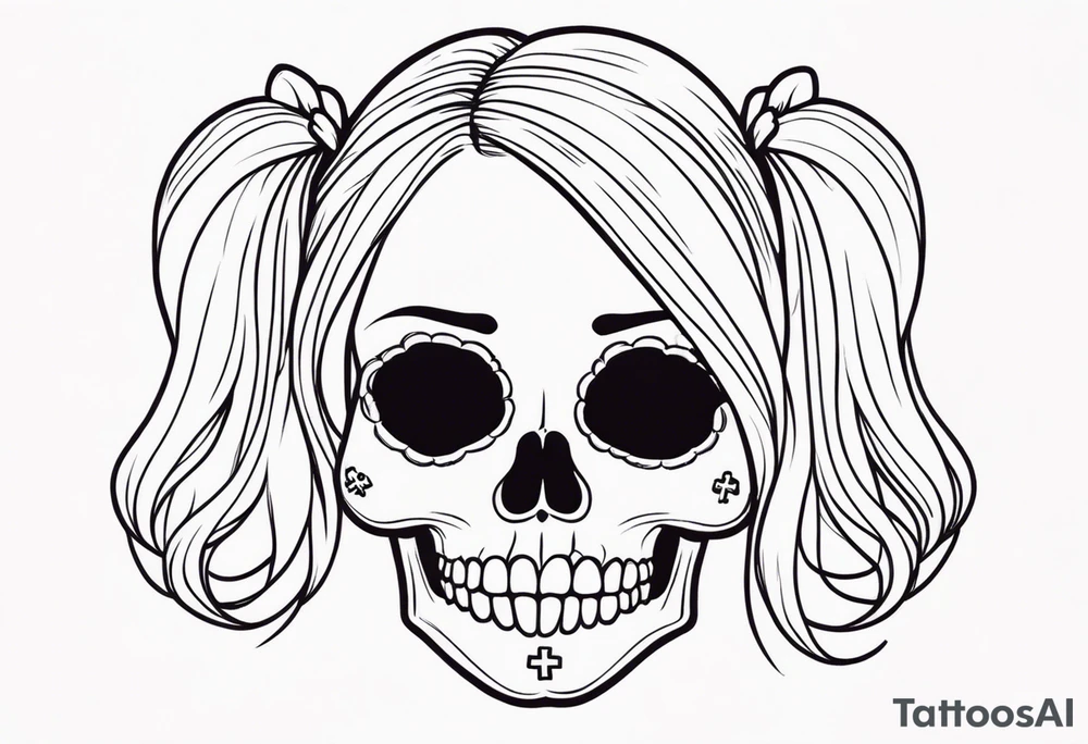 feminine skull and cross bones with hair in two blonde pigtails tattoo idea