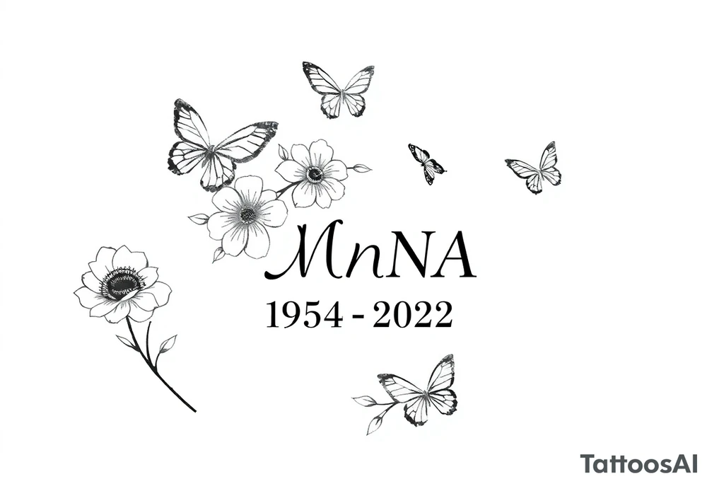 memorial tattoo with flowers and butterflies with the name “NANA” and the date “1954-2022” tattoo idea