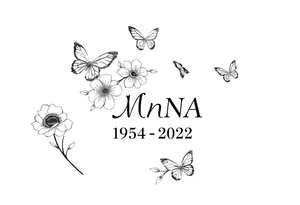 memorial tattoo with flowers and butterflies with the name “NANA” and the date “1954-2022” tattoo idea