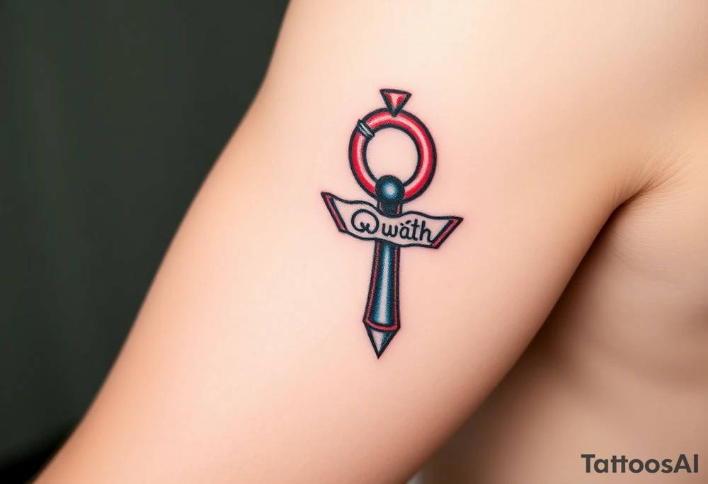 A Hand Holding an Ankh with a Name Written Inside(only red , blue and black are possible colors) tattoo idea