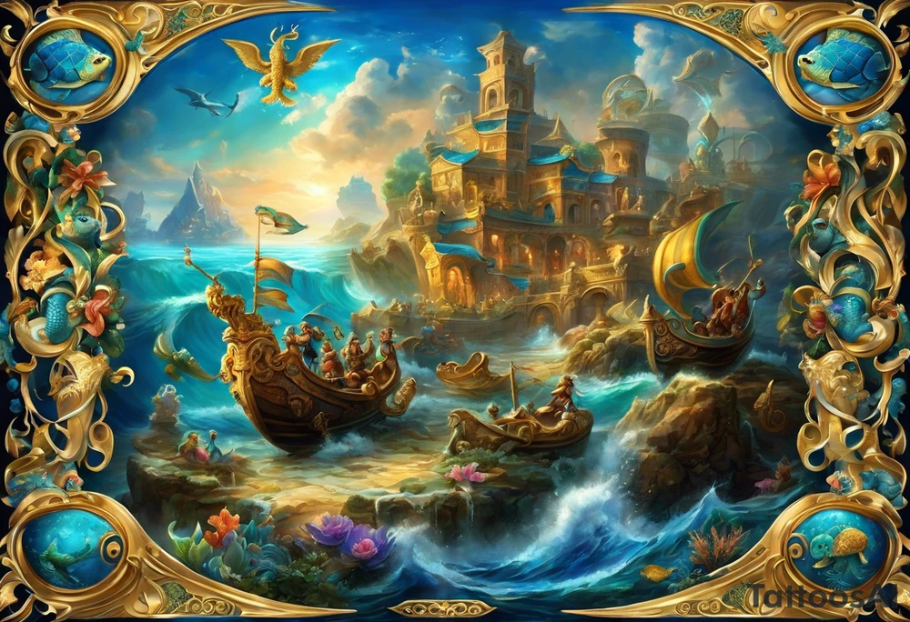 the tatto will be large in the middle there are sea horses guiding neptunes chariot they are the mythical beast castor and phalox, on the upper right is a blue nose and a rock sourrounded by water, on the upper left is a turtle with a golden shell and on the bottom is a ribbon with a sparrow on each side holding it up tattoo idea
