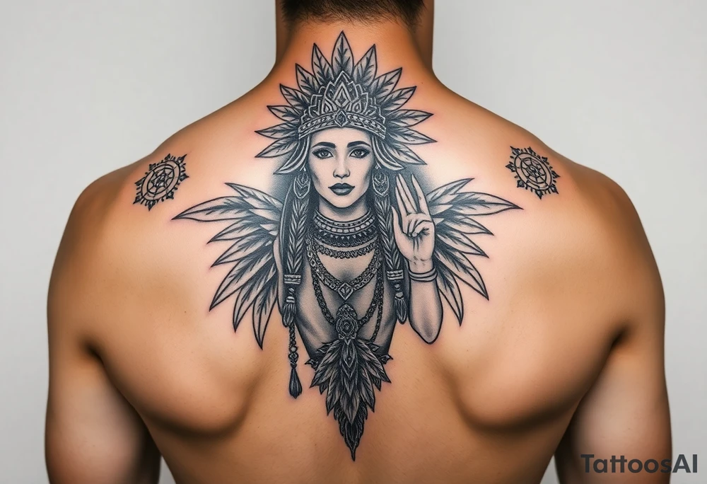 Purepecha princess surrounded by purepecha symbols with hidden tattoo idea