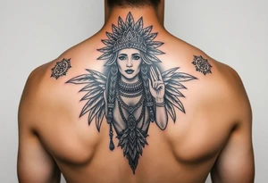 Purepecha princess surrounded by purepecha symbols with hidden tattoo idea