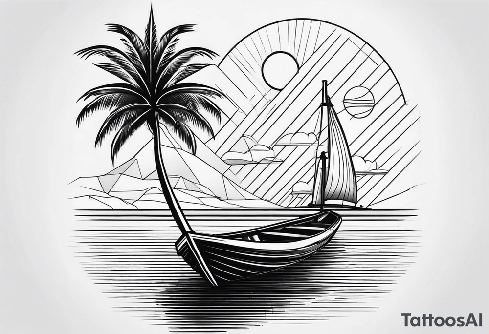 Clean lines palm tree boat sun tattoo idea