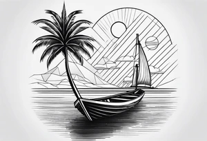 Clean lines palm tree boat sun tattoo idea