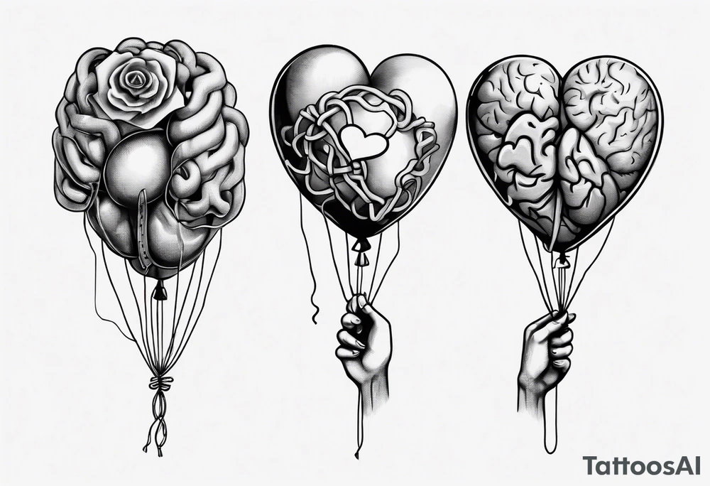 Woman's hand holding balloons tied to string, balloons in shape of anatomical heart and an anatomical brain tattoo idea