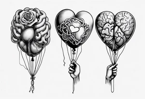 Woman's hand holding balloons tied to string, balloons in shape of anatomical heart and an anatomical brain tattoo idea