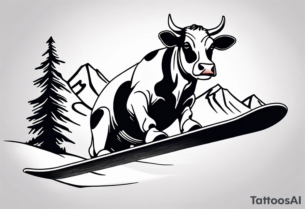 Generate a minimalist and simple black and white tattoo design featuring a joyful cow snowboarding, wearing goggles. Focus on essential lines and details to convey the playful spirit of the scene. The cow should exude confidence while effortlessly snowboarding down a snowy slope. Keep the design clean and uncluttered, suitable for a small to medium-sized tattoo space. Emphasize the charm and whimsy with the addition of goggles, ensuring the overall aesthetic remains simple and minimalistic. The goal is to create a visually appealing and easily recognizable tattoo that captures the essence of a cow enjoying a snowboarding adventure tattoo idea