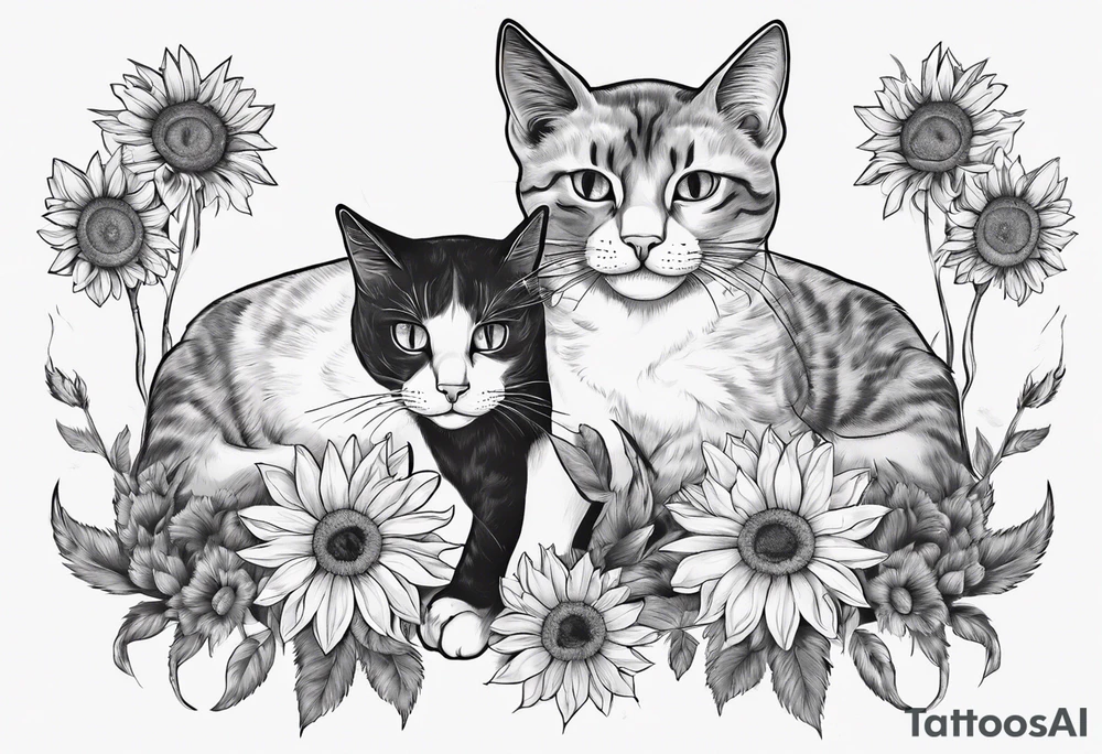 Maine coon cat and a grey cat with extra toes playing together with sun flowers tattoo idea
