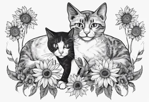 Maine coon cat and a grey cat with extra toes playing together with sun flowers tattoo idea